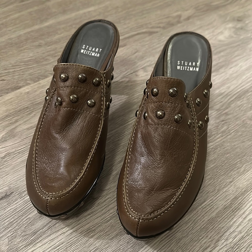 Stuart Weitzman Dark Olive Green Studded Mules